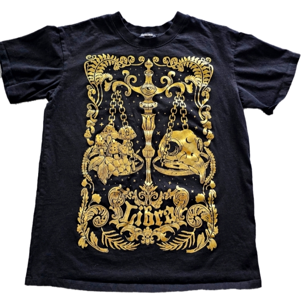 Horoscopez Black T-Shirt with Gold Libra Design